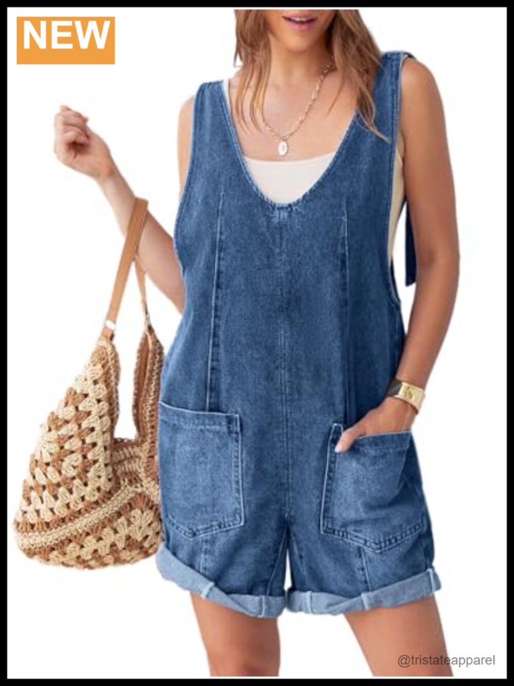 Sleeveless V Neck Denim Romper Overall Shorts Cotton Blend Loose Fit Summer